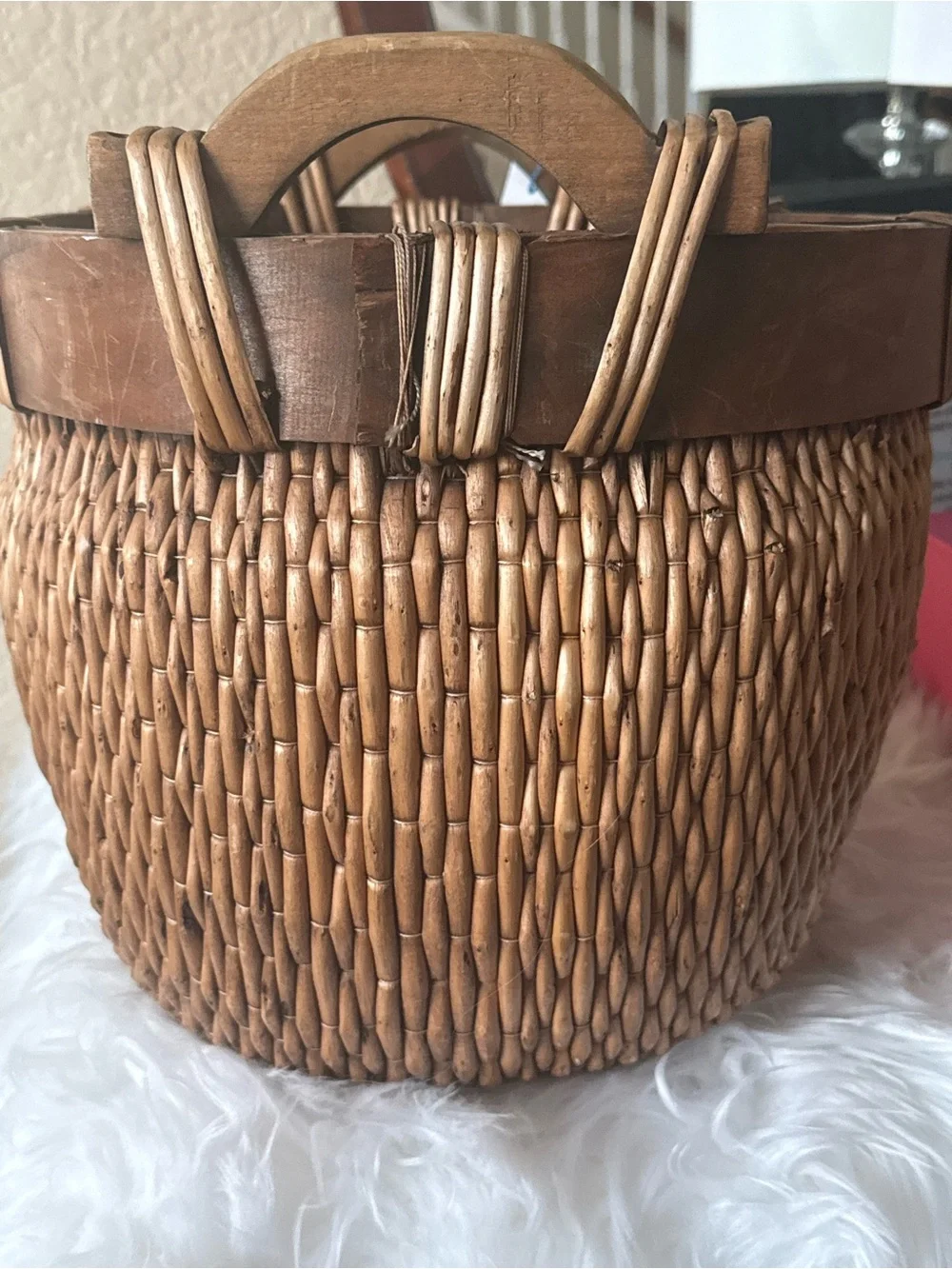 Antique Chinese Woven Willow Gathering Basket Medium Hand Carved Arched Handles